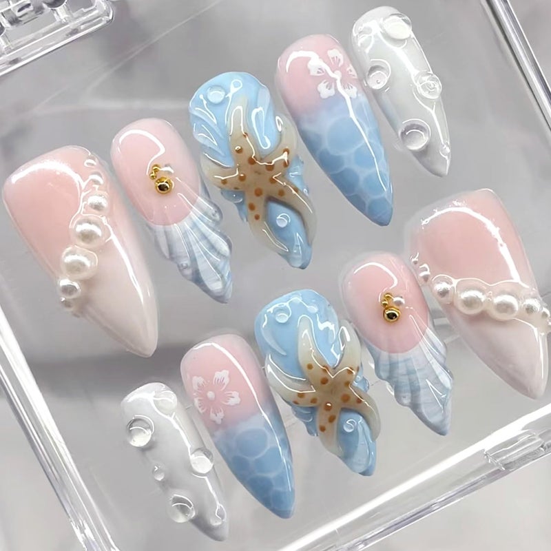 CJDLTS French Tip Ripple Press on Nails Medium Almond Artificial Acrylic Nail Gradient 3D Starfish Pearl with Flower Design Stick on Nails Full Cover Reusable Coffin Artificial Fingernails for Women - Image 1